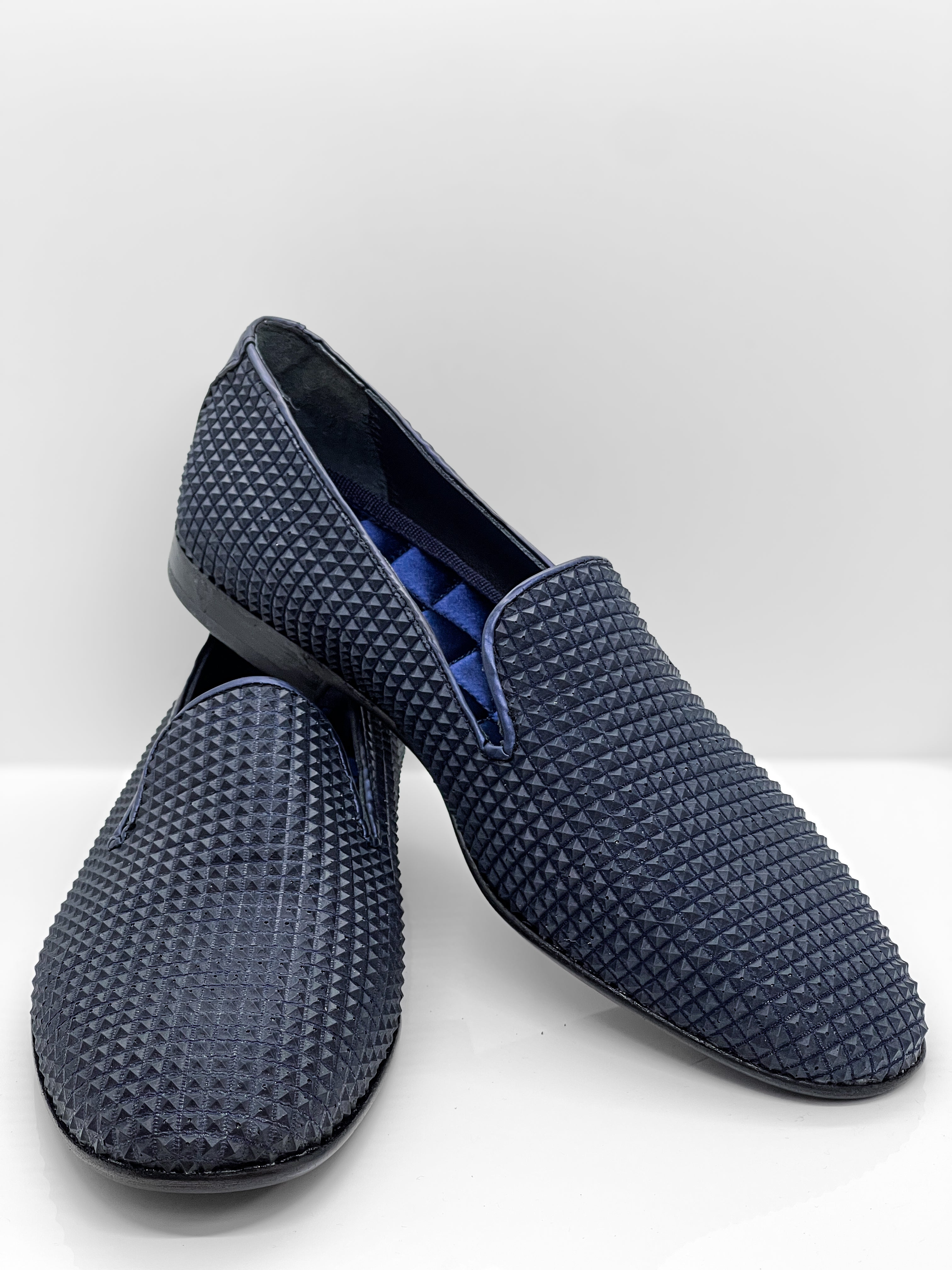 Handgemachter Herrenschuh, Slipper aus echtem Leder mit Krokoprägung, Perlmutteffekt, Indigo-Blau